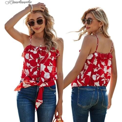 New Women Summer Boho Floral Print Camisole Adjustable Shoulder Strap Tank Top Beach Holiday Sleeveless Vest T-Shirts