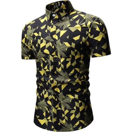 2019 New Summer Shirts Men Dress Camisa Hombre Casual Slim Fit Short Sleeve Hawaiian Shirt Leaf Print Turn-down Collar Men Shirt