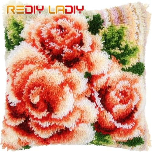 Latch Hook Cushion Kits DIY Needlework Crocheting Throw Pillow Unfinished Yarn Cross-stitch Embroidery Set Pillowcase PINK ROSES