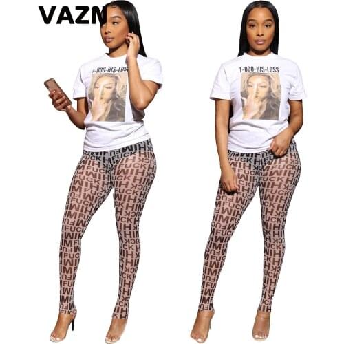 VAZN New fashion 2020 summer sexy lady white 2-piece letters long set short sleeve O-neck tees long skinny pants set casual sets