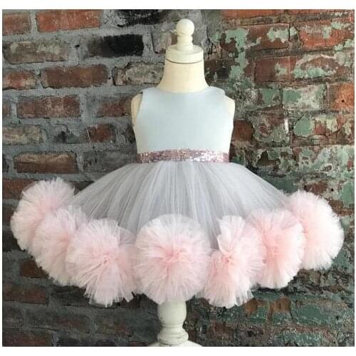 New Pink Puffy Baby Girl Birthday Dresses Kid Toddler Birthday Party Gown with Headpiece Photoshoot