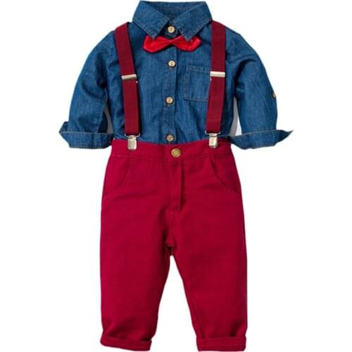 Boys Clothes Denim Shirt + Red Trousers Boy Shirts Suit Long-Sleeved Kids Four-Pieces Suits Children Autumn and Spring Base Sets