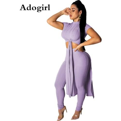 Solid Color Ribbed Striped Two Piece Set Irregular Short Sleeve Crop Top and Bodycon Long Pants Women Vintage Tracksuit Outfits