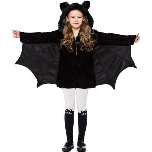 4-12T Kid Girls Black Bat Costume Halloween Hooded Jumpsuit Romper Cosplay Outfit With Wings Ears Stockings For Child Teen Girls