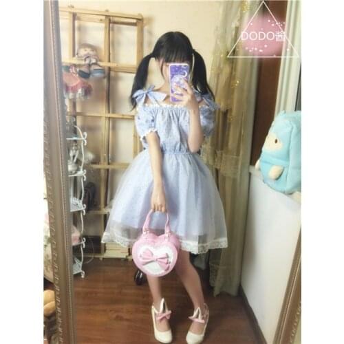2WAY Lolita Girls Suspender Off Shoulder Dress Sky Blue Floral Double Layer Organza Fairy Kei