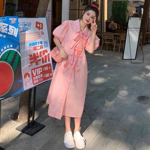 Dresses Women Solid Bow Puff Sleeve Mid-Calf A-Line Leisure Elegant Soft Teens Preppy Style Basic Classic Chic Popular Party Ins