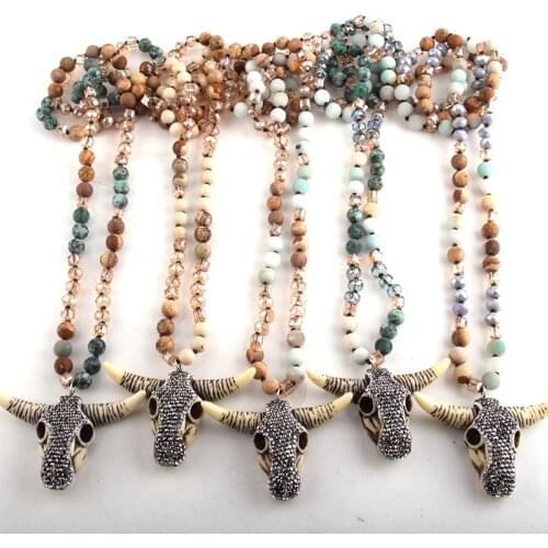 RH Fashion Bohemian Tribal Jewelry Crystal / Natural Stone Long Knotted Beige Crystal Horn Pendant Necklaces For Women Necklace