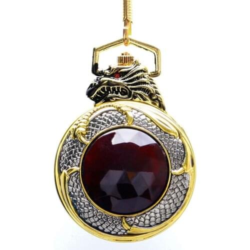 Luxury Evil Dragon Pocket Watch Red Garnet Inset Pendant Quartz Clock Gold Tone Case Black Dial Big Red Crystal New Relogio