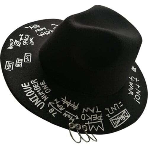 Fedora hat piercing graffiti letters woolen hat Korean style tide men and women wide brim top hat British jazz hat hip hop winte
