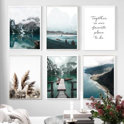 Scandinavian Travel Landscape Canvas Painting Mountain Boat Grass Lake Poster Wall Art Modular Picture for Modern Home Room
