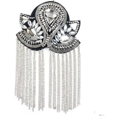 1PCS Rhinestone Handmade Fashion Tassel Patch Chain Shoulder Badges Beads Applique Metal Epaulette Military Sew on Clothes Decor