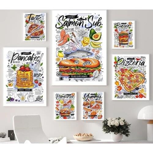 Vintage Canvas Art Foods Hamburger Pancake Posters and Prints Painting Kitchen Home Decoration Wall Pictures For Dining Room