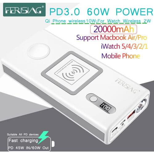 FERISING For iWatch Macbook Wireless PD3.0 60W Fast Charger Power Bank 20000mAh for Apple Watch 5/4/3/2 iPhone External Battery