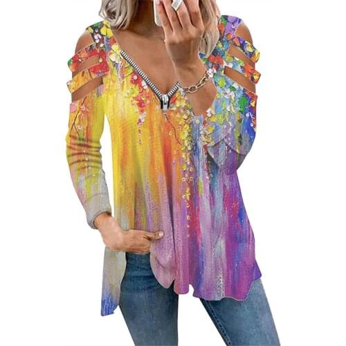 Womens Blouse Top Strapless Hollow Out Fashion Tie-dye Long-sleeved Blouse Plus Size Zipper Womens Shirt Camisas Mujer #G2