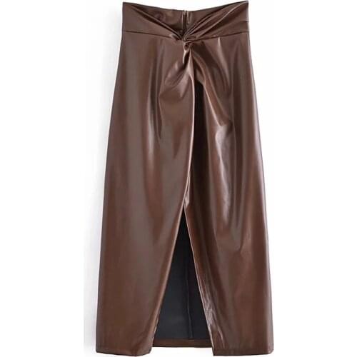 Women 2021 Fashion With Knot Faux Leather Slit Midi Skirt Brown Elegant Vintage High Waist Back Zipper Female Skirts Mujer