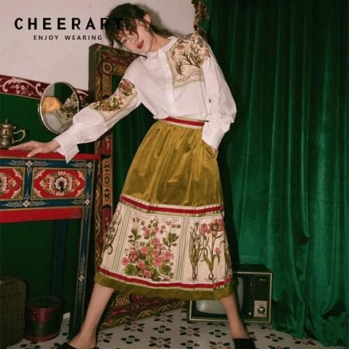 Cheerart Velvet Printed Skirts Womens High Waist Long Green Midi Skirt A Line Designer Skirt Floral Print High Street Skirt