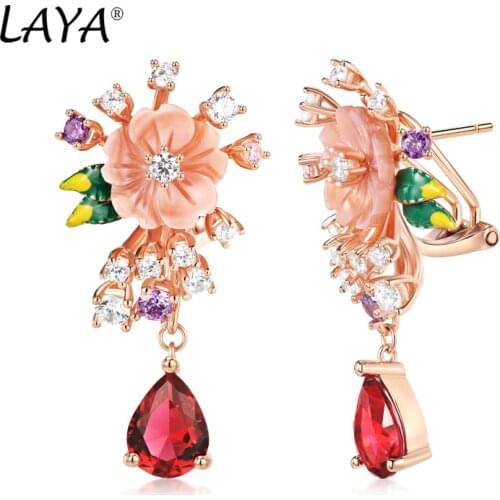 Laya Earrings For Women High Quality Red Purple White Zircon Natural Shell Flower 925 Sterling Silver Drop Earrings Fine Jewelry