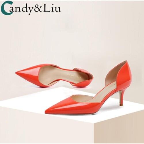 Orange 6cm high heels womens 21 new sexy elegant temperament patent leather middle heel pointed thin heel shallow mouth shoe
