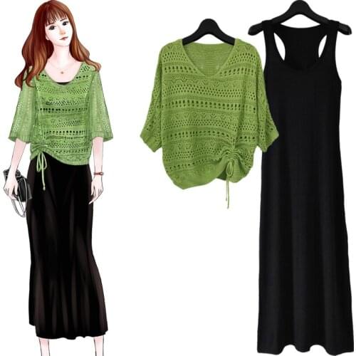 2021 Summer and Autumn Suit Long cutout loose drawstring bat shirt top+ Sling Slim A-line Dress Large sizeTwo-piece Female