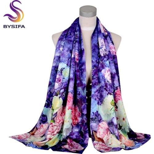 [BYSIFA] Fashion Silk Scarf Shawl Women 2018 New Chinese Style Purple Rich Peony Scarves Spring Autumn Buttons Long Scarves