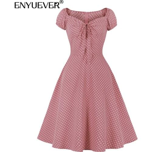 Enyuever Cute Casual Dress Women Summer Clothes Short Sleeve V Neck Robe Vintage Femme 50s Pin Up Swing Pink Polka Dot Dress