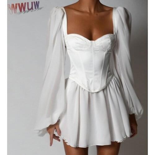 Office Ladies Women Bodycon Chiffon Dress Female Lantern Sleeve Corset Beach Vacation Outfit Sexy Party Mini White Dress Summer
