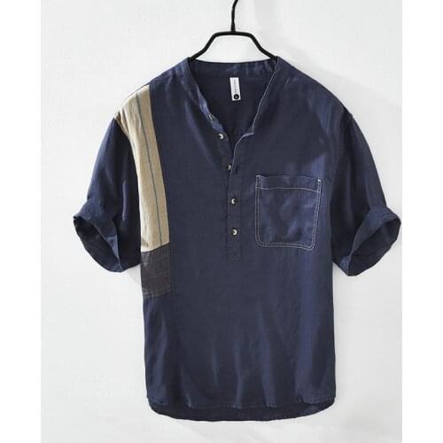 100% Linen new style Italy stand collar patchwork fashion shirt men short sleeve trendy comfortable shirts for men chemise