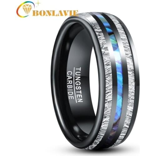 BONLAVIE 8mm Electric Black Inlaid Meteorite Anel Masculino Abalone Shell Dome Tungsten Carbide Ring For Men