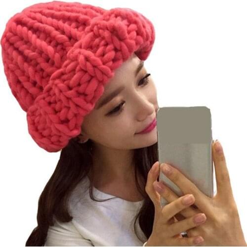 CUHAKCI Hand Coarse Knitted Skullies Women Winter Wool Hats Beanies Solid Adult Casual Cotton Acrylic Rushed Fashion Female