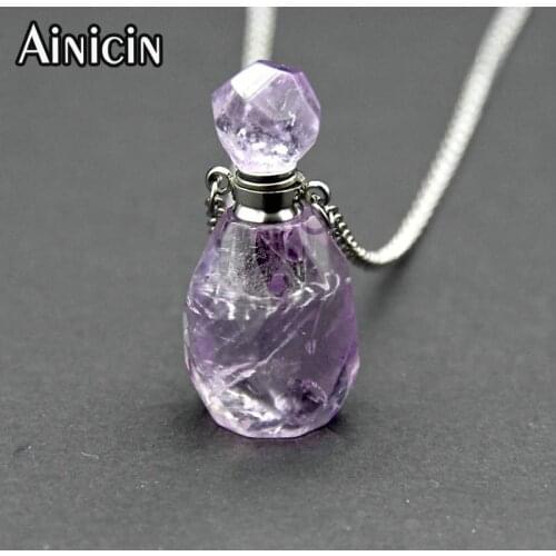 High Quality Natural Transparent Purple Amethyst Perfume Bottle Pendants Stainless Steel Chain Necklace For WOmen Jewelry