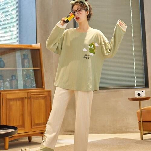 Chibi Maruko Sleepwear Women Cotton Comfort Winter Long Sleeve Pullover Pajamas Blue Stitching Womens Home Clothes