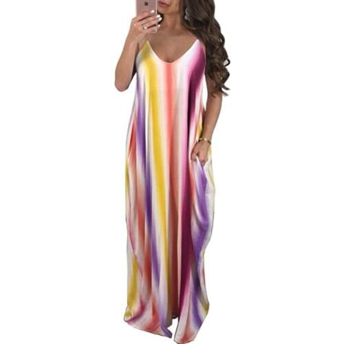 Sexy Rainbow Striped Casual Loose Long Maxi Dress Women V-Neck Spaghetti Strap Summer Dresses Pocket Open Back Sexy Beach Dress