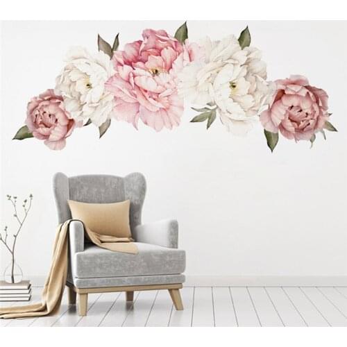 Pink White Watercolor Peony Flowers Wall Stickers For Kids Room Living Bedroom Home Decoration Wall Decal Home Decor Floral