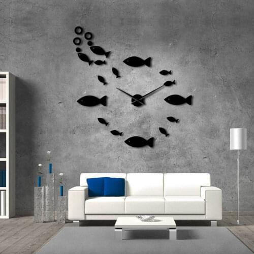 Fish With Bubble DIY Giant Mute Wall Clock Mirror Effect Wall Art Home Decor Aquarium Decoration Frameless Big Needle Time Watch