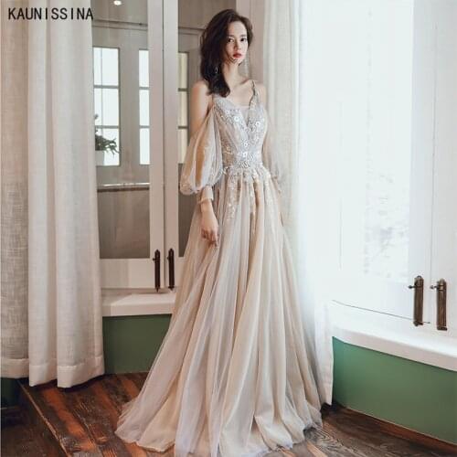 Sexy Tulle Long Prom Dresses A-Line V-Neck Appliques Strap Lantern Sleeve Evening Dress Special Occasion Evening Party Gown