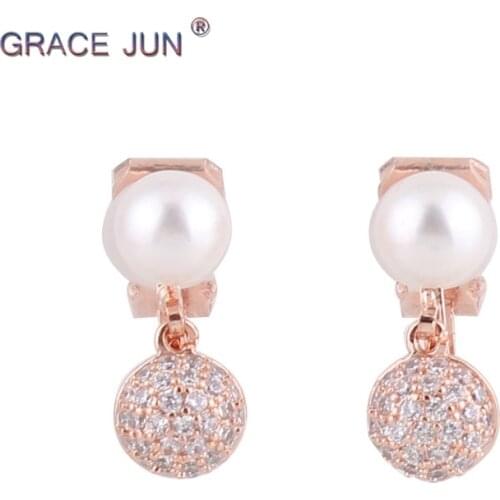 2 Colors Available AAA Cubic Zircon Simulated Pearl Ball Shape Clip on Earrings Without Piercing for Women Party Weddings Bijoux