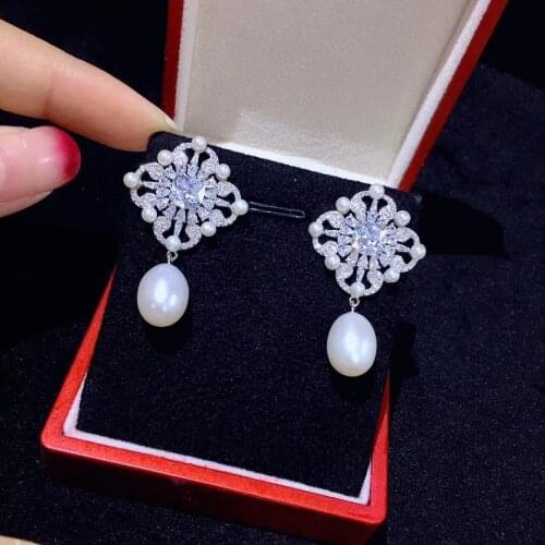 2020 New Full Zircons S925 Square Design Natural Waterdrop Pearl Earrings Jewelry Gifts