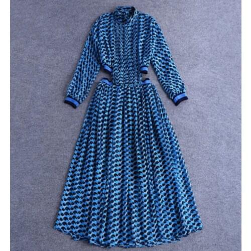 Blue Stripes Women Fashion Runway Dresses Long Sleeves High Neck Hollow Out Waist A line Floor Length Charming Party Dress New