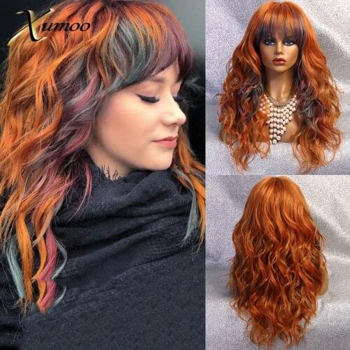 XUMOO High Temperature Fiber Synthetic Wig Long Wavy Highlight Orange Rainbow Wig With Bangs Cosplay Non-Lace Wigs For Women