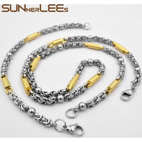 SUNNERLEES Jewelry Stainless Steel Necklace Bracelet Set 5mm Geometric Beads Link Chain Silver Color Gold Plated Unisex SC126 S