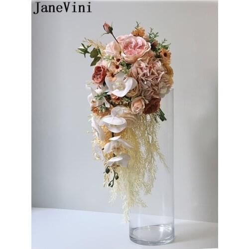 JaneVini 2021 Waterfall Wedding Flowers Bridal Bouquets with White Orchid European Style Artificial Rose Vintage Bride Bouquet