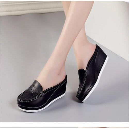 Tilocow Classic Genuine Leather Summer Platform Shoes Women Print Creepers Casual Breathable Flat Wedges Shoe Woman Slides shoes