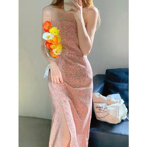 Sling Skirt Female Retro Floral Pearl Sling Dress Female Summer New Style Korean Waist Mid-length Skirt