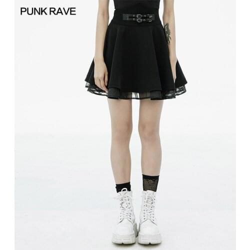 PUNK RAVE Womens "Nicola" Series Dark High Waist Sun Swing Skirt Punk Style Twill Woven Spliced Black Mini Skirts