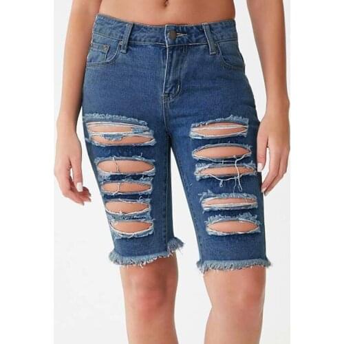 Plus Size Women High Waist Shorts Elastic Destroyed Sexy Holes Sheath Short Pants Denim Shorts Ripped Jeans