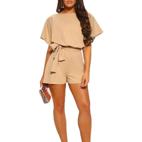 New 2020 Fashion Lace-up Woman Playsuit Short-sleeve Round Neck khaki Color High Quality Female Romper Solid Color Summer