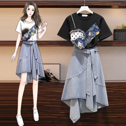 2020 4XL Large Size Summer Women Sets Short Sleeve T-shirt + Denim Jean Skirt Outfits Pearls Polka Dot Lace Two-piece Lady Suit