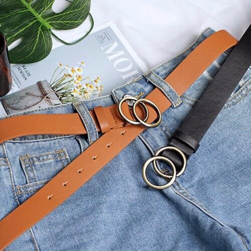 Women Girls Leather Belt Round Ring Metal Double Buckle Belt Waistband Belts Elegent For Womens Jeans