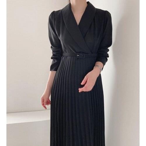 New Arrival 2021 Fall Simple V-Neck Long Sleeve Waist Slimming Pleated Dress Korean Fashion Elegant Office Ladies Casual Dresses