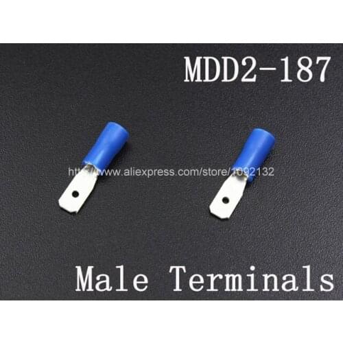 100pcs MDD2-187 Blue Vinyl Insulated Male Push On Terminals For 16-14 AWG Wire